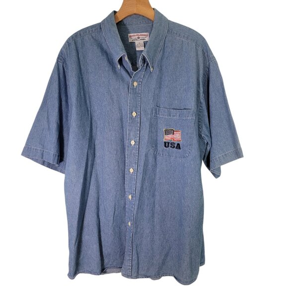 Boca Classics Denim Shirt Vintage USA Patriotic Flag Embroidered Cotton‎ Medium - Picture 1 of 7